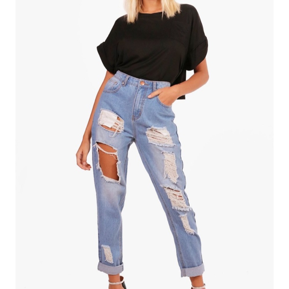 Boohoo High Waist Distressed Jeans